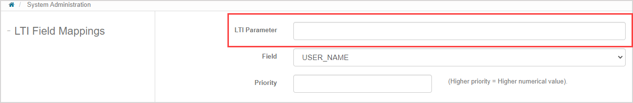 Enter the LTI parameter Enter the LTI paremeter in the first field on the LTI Field Mappings page.